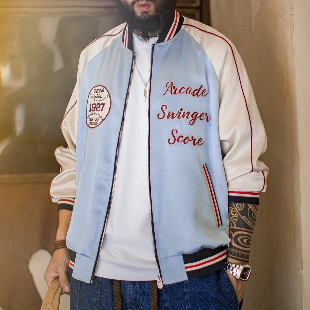 Vintage Embroidered Satin Baseball Bomber Jacket Men